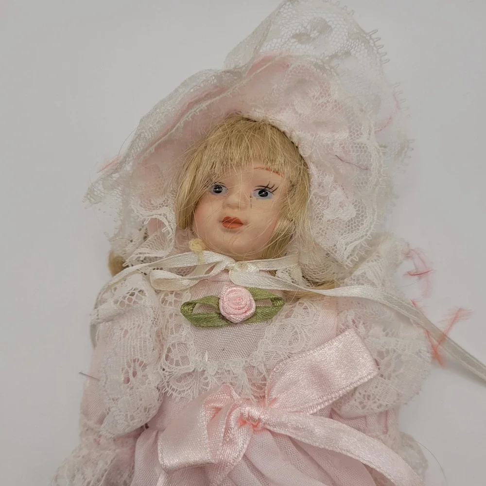 Vintage Porcelain Doll Set Pink Lace Victorian Style Blonde Hair Collectible 2pc